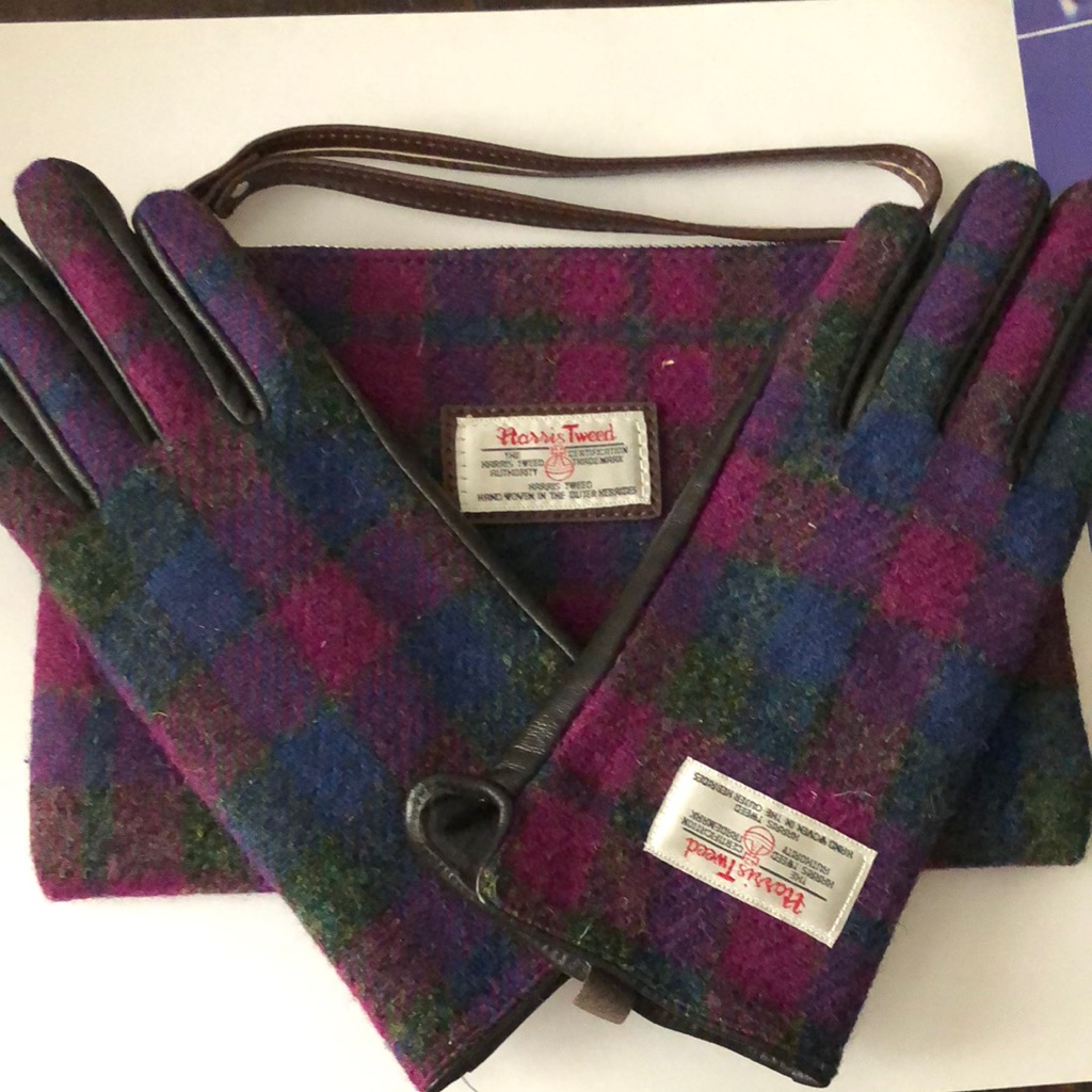 Harris Tweed Purple And Green Clutch W/ Wristbands And Gloves
